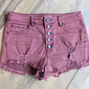 Refuge Jean Denim Distressed Shorts 11" Button Up Fly 5 Pockets Raw Hem, Size 8